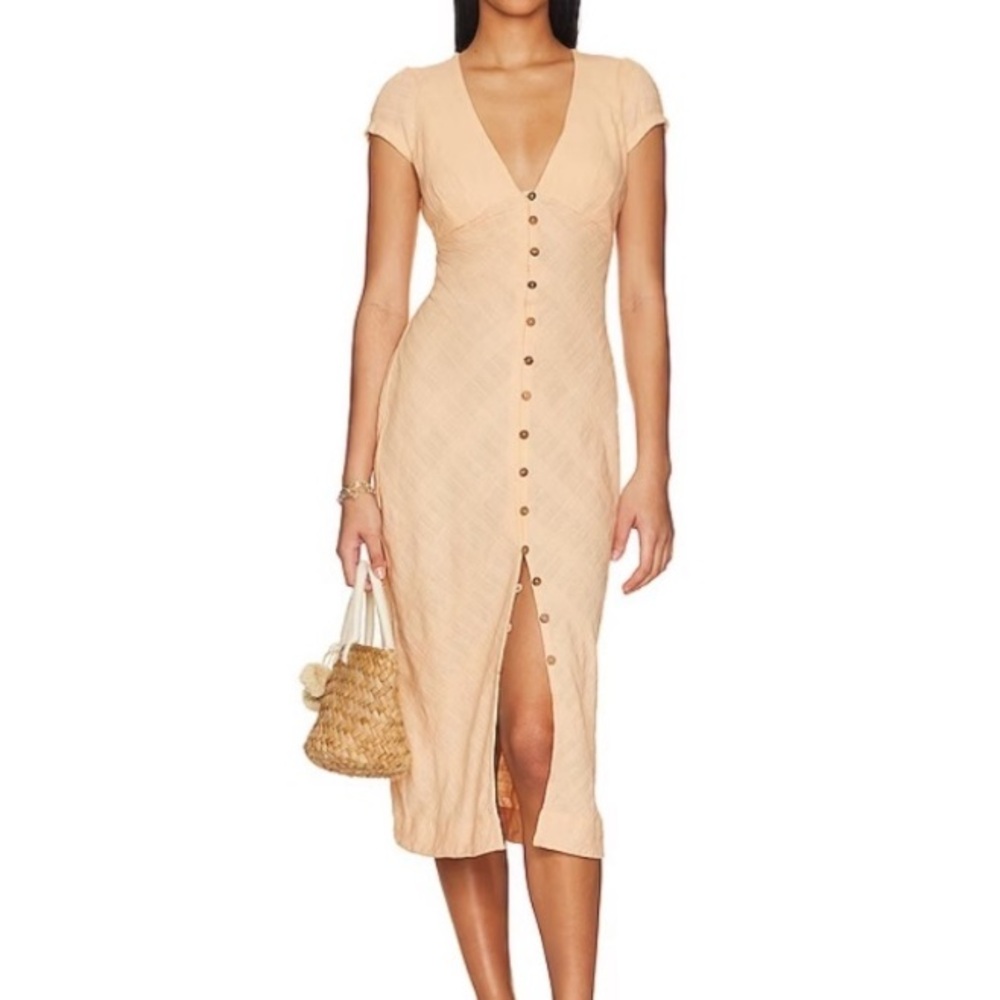 Free People Light Peach Cotton Textured Button Front New In Town Midi Dress